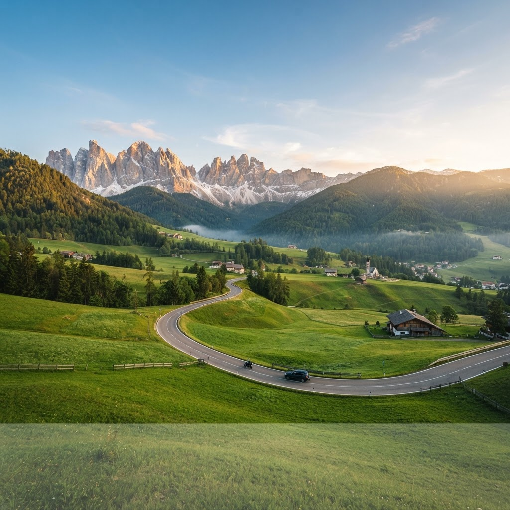 Een slingerende weg door de Europese Alpen in het gouden uur